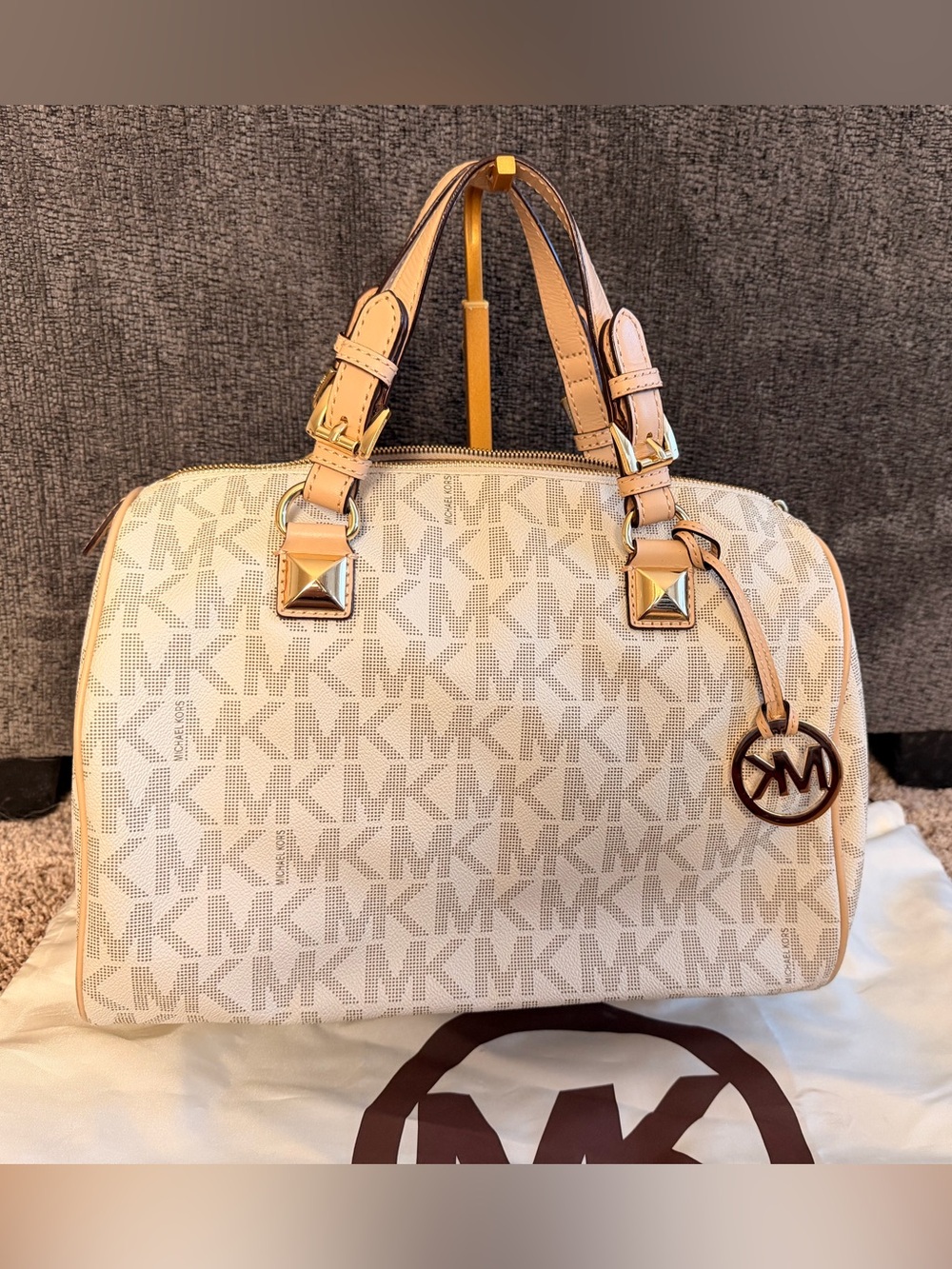 Michael Kors Cream Logo Satchel with Tan Leather Trim and Gold Hardware